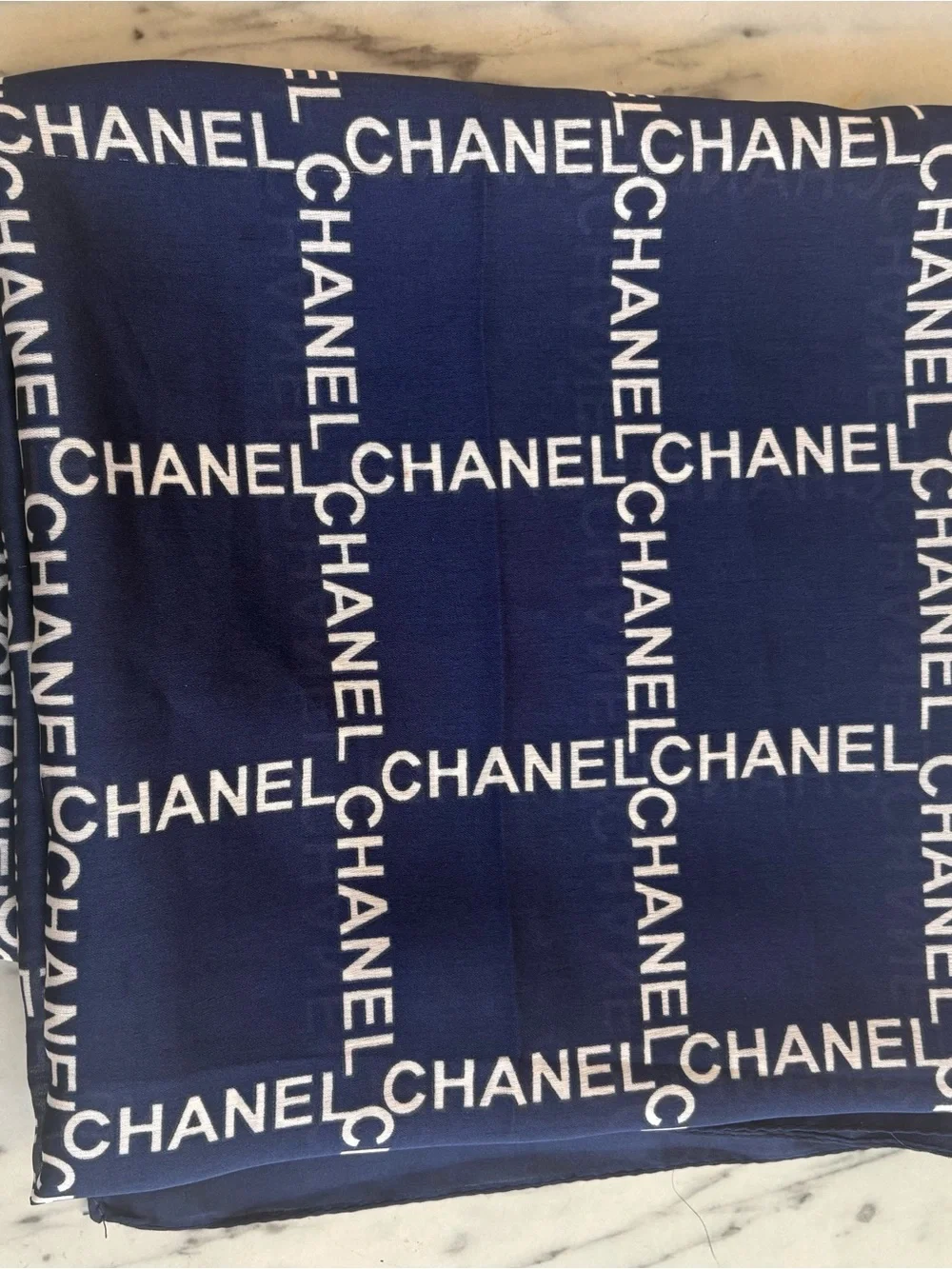 CHANEL Oversized Navy CC Logo Shawl Wrap Scarf 36” x 70” Made in Italy